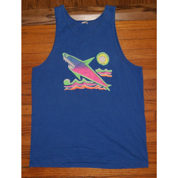 Vintage 90s Neon Shark Ocean Sun XL Blue Tank Top TShirt USA Made Single Stitch - Picture 2 of 10